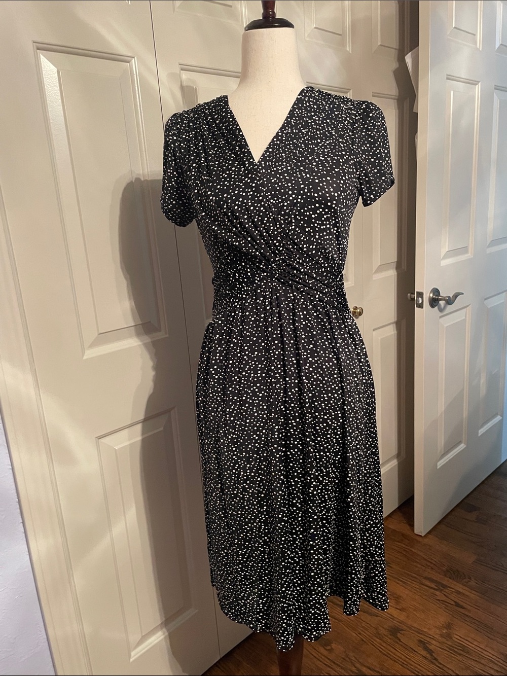Black Dot Midi Wrap-Style Dress